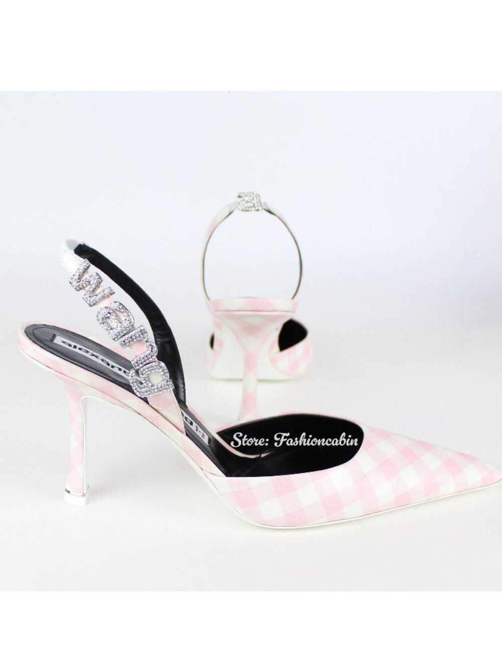 NEW Alexander Wang Grace Crystal Logo Slingback Pumps Pink Gingham EU 38